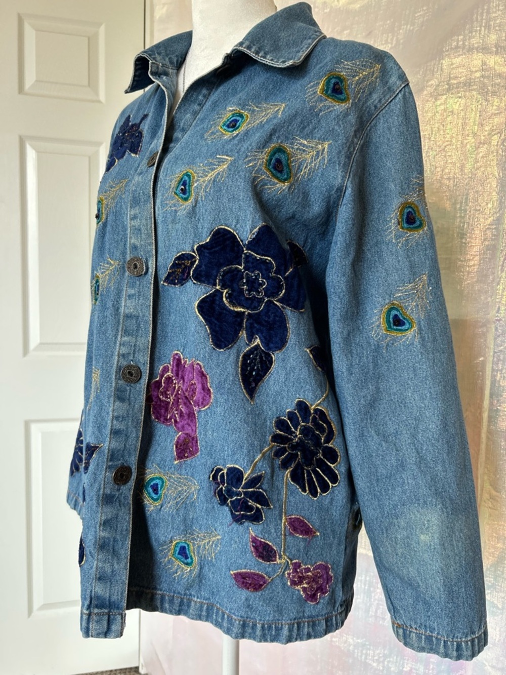 Stunning Vintage Mirasol Jean Jacket featuring Floral & Peacock Embroidery.